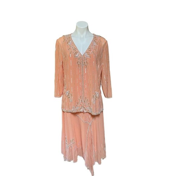 Vintage NWT Retro 20s 2-Piece Beaded Dress & Jacket Set XL Peach Asymmetrical - Picture 2 of 12